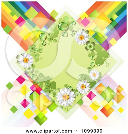 Clipart Green Shamrock And Daisy Diamond Over Colorful Tiles And Stripes - Royalty Free Vector Illustration by merlinul