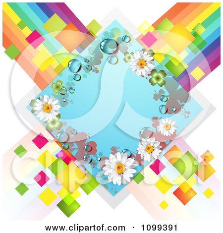 Clipart Blue Shamrock And Daisy Diamond Over Colorful Tiles And Stripes - Royalty Free Vector Illustration by merlinul
