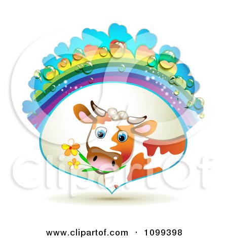 Clipart Dairy Cow Eating Flowers In A Frame With A Rainbow And Dew Drops - Royalty Free Vector Illustration by merlinul