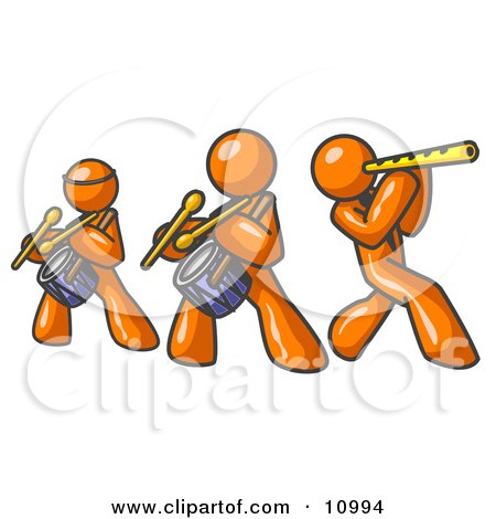 Three Orange Men Playing Flutes and Drums at a Music Concert Clipart Illustration by Leo Blanchette