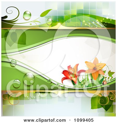 Clipart Background Of A Ladybug Dew And Lily Flowers - Royalty Free Vector Illustration by merlinul