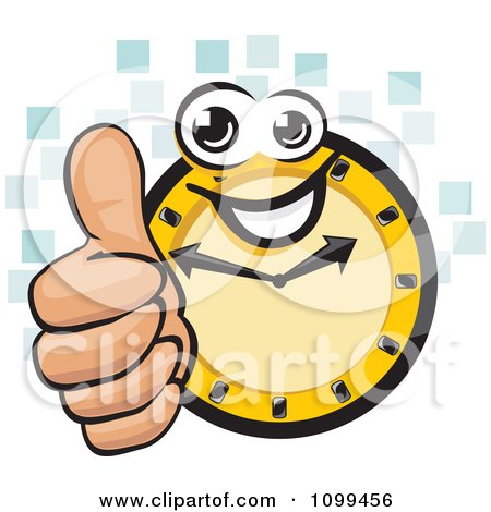 Clipart Happy Clock Holding A Thumb Up Over Blue Tiles - Royalty Free Vector Illustration by David Rey