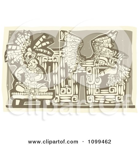 Clipart Woodcut Depiction Of A Mayan King And Abstract Art In Brown Tones - Royalty Free Vector Illustration by xunantunich