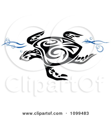 Clipart Black And White Swimming Tribal Sea Turtle With Blue Waves - Royalty Free Vector Illustration by Vector Tradition SM