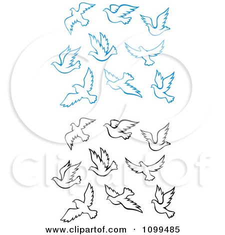 Clipart Blue And Black Outlined Doves Flying - Royalty Free Vector Illustration by Vector Tradition SM