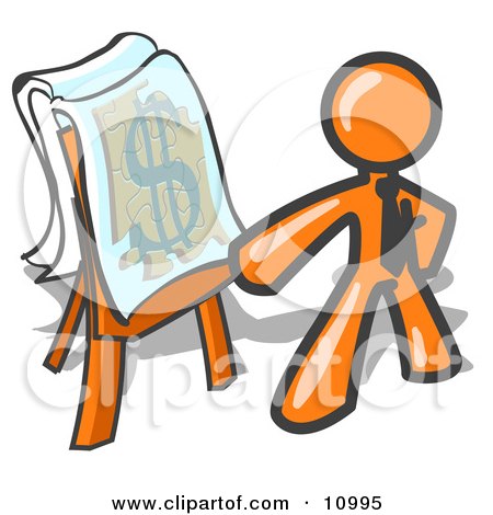 Orange Business Man Standing by a Dollar Sign Puzzle on a Presentation Board During a Meeting Clipart Illustration by Leo Blanchette