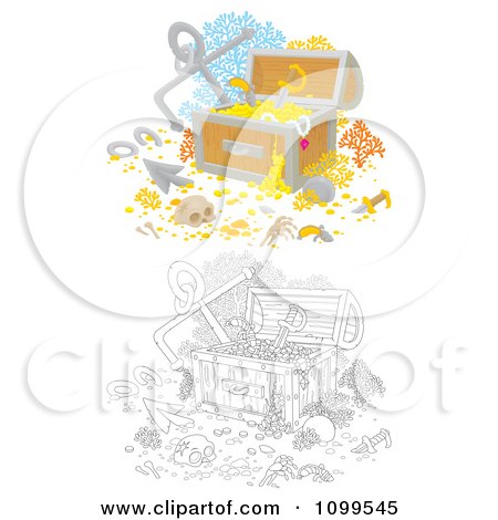 Clipart Colored And Outlined Sunken Treasure Chests With Skeletons Anchors Gold And Coral - Royalty Free Illustration by Alex Bannykh