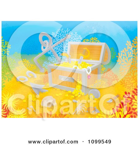 Clipart Sunken Treasure Chest With A Skeleton Anchor Gold And Coral - Royalty Free Illustration by Alex Bannykh