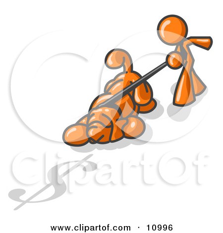 Orange Man Walking a Dog That is Pulling on a Leash to Sniff a Shadow of a Dollar Sign on the Ground Clipart Illustration by Leo Blanchette