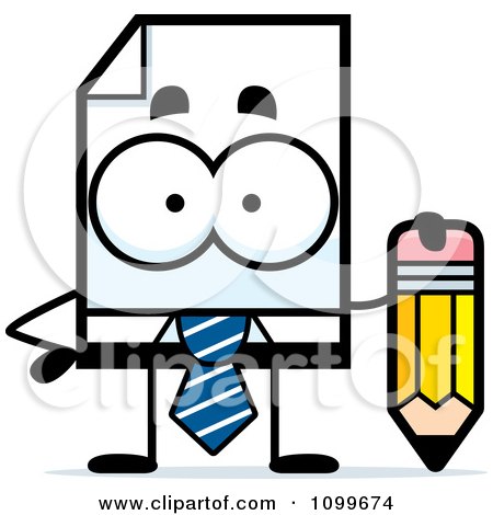 Clipart Business Document Mascot Holding A Pencil - Royalty Free Vector Illustration by Cory Thoman