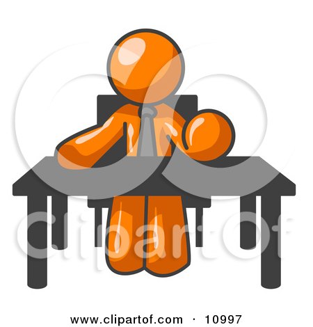 Orange Businessman Seated at a Desk, Instructing Employees Clipart Illustration by Leo Blanchette