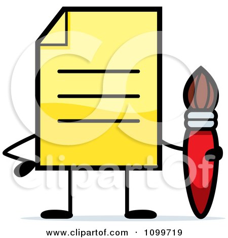 Clipart Yellow Note Document Mascot Holding A Paintbrush - Royalty Free Vector Illustration by Cory Thoman