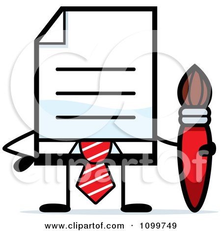 Clipart Business Document Mascot In A Red Tie Holding A Paintbrush - Royalty Free Vector Illustration by Cory Thoman