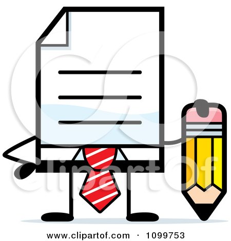 Clipart Business Document Mascot In A Red Tie Holding A Pencil - Royalty Free Vector Illustration by Cory Thoman