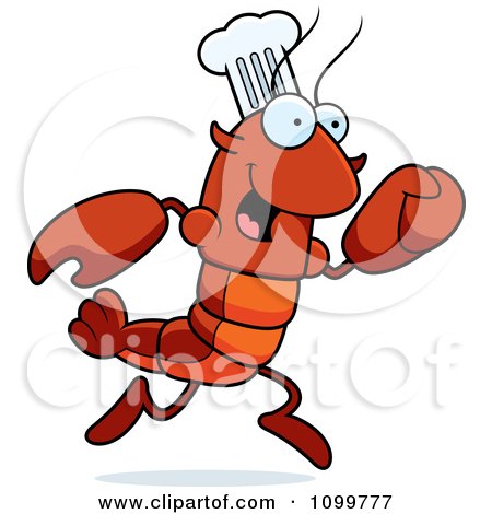 Clipart Running Chef Lobster Or Crawdad Mascot Character - Royalty Free Vector Illustration by Cory Thoman