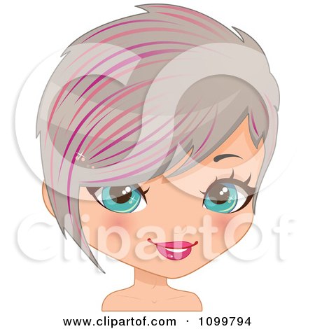 Clipart Pretty Blue Eyed Woman With Gray Bob Cut Hair And Pink Streaks - Royalty Free Vector Illustration by Melisende Vector
