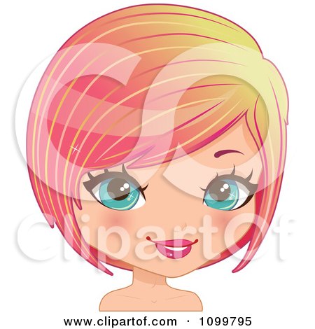 Clipart Pretty Blue Eyed Woman With A Pink Bob Cut Hair And Yellow Streaks - Royalty Free Vector Illustration by Melisende Vector