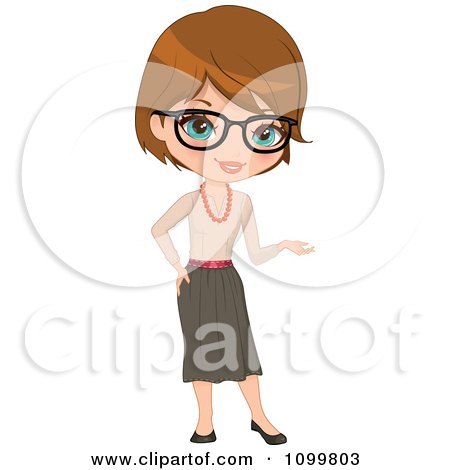 Clipart Friendly Brunette Female Teacher With Glasses Presenting With Her Hand - Royalty Free Vector Illustration by Melisende Vector