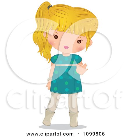 Clipart Happy Blond Girl In A Turquoise Dress Waving - Royalty Free Vector Illustration by Melisende Vector
