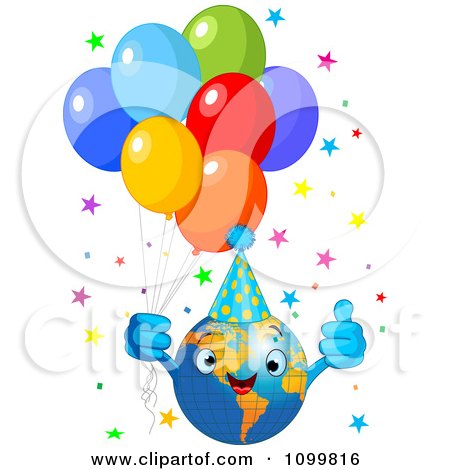 Clipart Happy Globe With A Party Hat Balloons And Stars Celebrating Earth Day - Royalty Free Vector Illustration by Pushkin