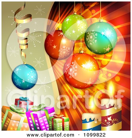Clipart Christmas Background With 3d Ornaments Candles And Gift Boxes With Gold Snowflakes And Red And Gold Rays - Royalty Free Vector Illustration by merlinul