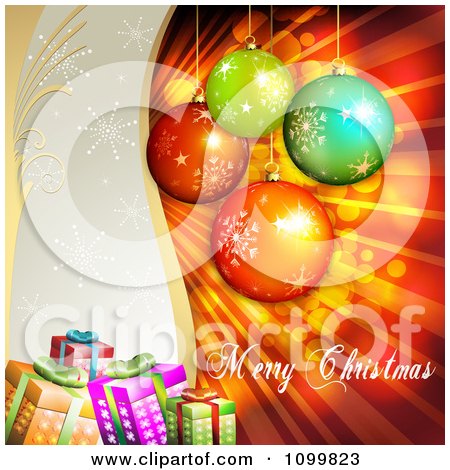 Clipart Merry Christmas Greeting With Ornaments Gift Boxes Rays And Snowflakes - Royalty Free Vector Illustration by merlinul