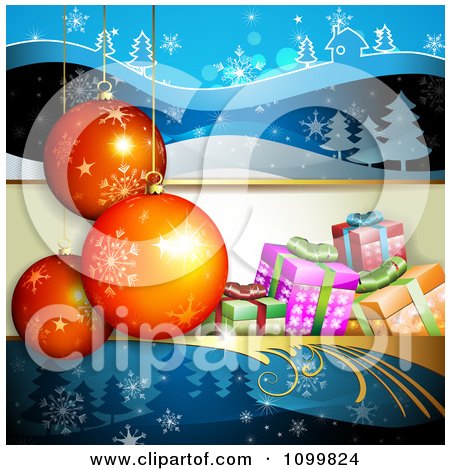 Clipart Christmas Background With 3d Ornaments And Gift Boxes Over Blue Winter Landscapes - Royalty Free Vector Illustration by merlinul