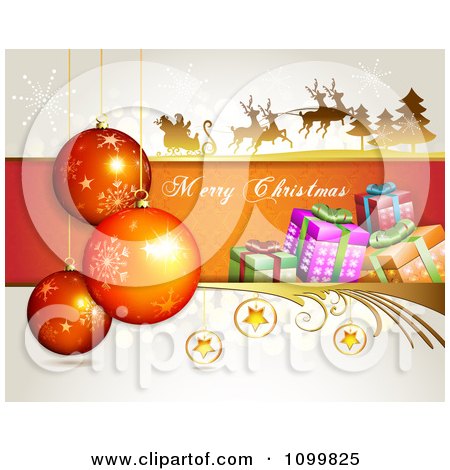 Clipart Merry Christmas Greeting With Santa Flying His Sleigh Babubles Stars And Gift Boxes - Royalty Free Vector Illustration by merlinul