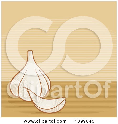 Clipart Woodcut Styled Garlic Bulb And Stripe Background - Royalty Free Vector Illustration by Any Vector