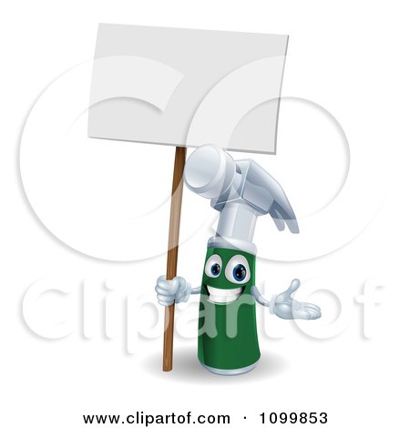Clipart 3d Happy Green And Silver Hammer Mascot Holding A Sign - Royalty Free Vector Illustration by AtStockIllustration