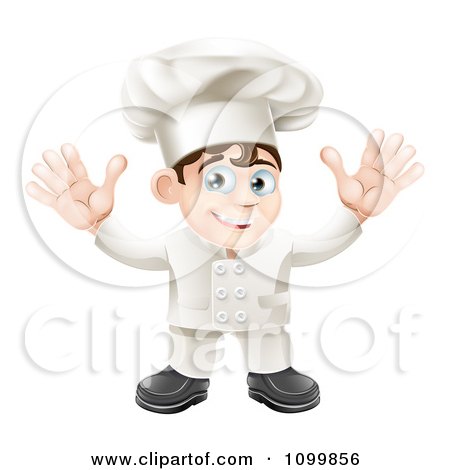 Clipart Happy Young Chef In Uniform Holding Up His Hands - Royalty Free Vector Illustration by AtStockIllustration