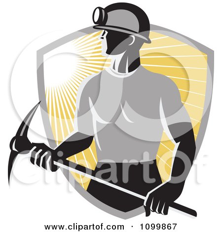 Clipart Retro Coal Miner Holding Pick Ax Over A Ray Shield - Royalty Free Vector Illustration by patrimonio