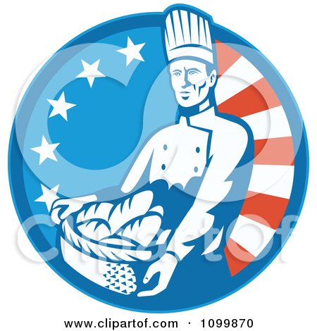 Clipart Retro Bakery Chef Carrying A Basket Of Bread Over An American Circle - Royalty Free Vector Illustration by patrimonio