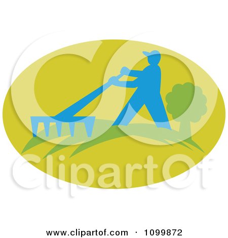 Clipart Raking Silhouetted Farmer Gardner Or Landscaper In A Green Oval - Royalty Free Vector Illustration by patrimonio