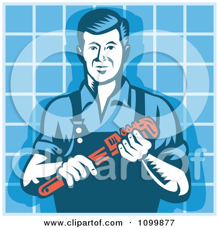 Clipart Retro Plumber Man Holding A Monkey Wrench Over Blue Tiles - Royalty Free Vector Illustration by patrimonio