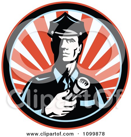Clipart Retro Police Man Or Security Guard Shining A Flashlight Over A Circle Of Red Rays - Royalty Free Vector Illustration by patrimonio