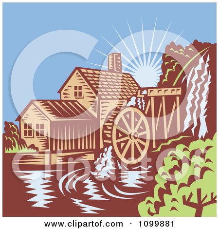 Clipart Retro Watermill Wheel Mill House On A River - Royalty Free Vector Illustration by patrimonio
