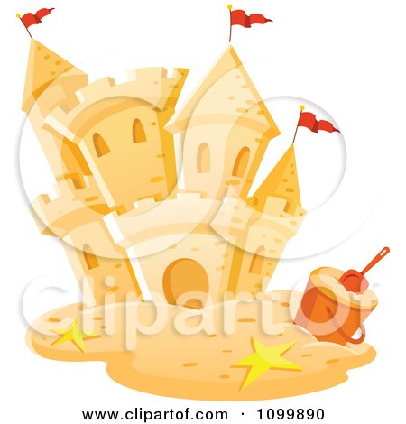 Clipart Sand Castle With Stars A Pail And Red Flags - Royalty Free Vector Illustration by yayayoyo