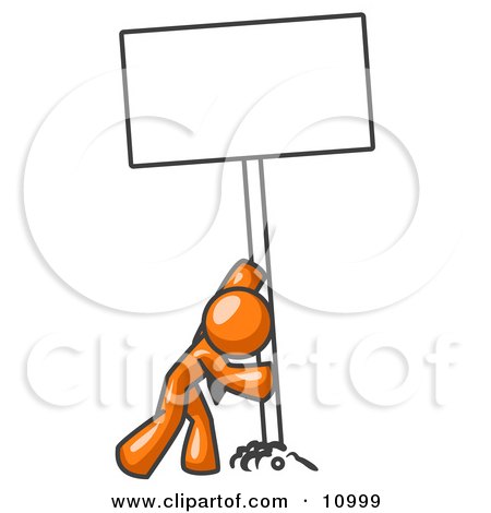 Strong Orange Man Pushing a Blank Sign Upright Clipart Illustration by Leo Blanchette