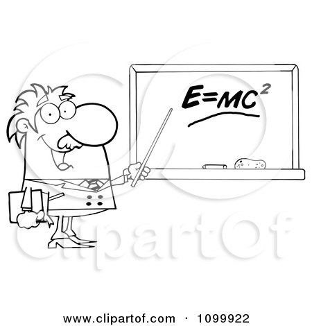 Clipart Happy Black And White Science Professor Discussing Mass Energy Equivalence Physics - Royalty Free Vector Illustration by Hit Toon