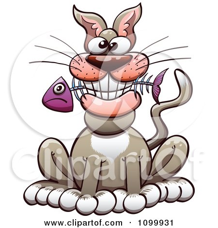 Clipart Happy Cat Sitting With A Fish Bone In His Mouth - Royalty Free Vector Illustration by Zooco