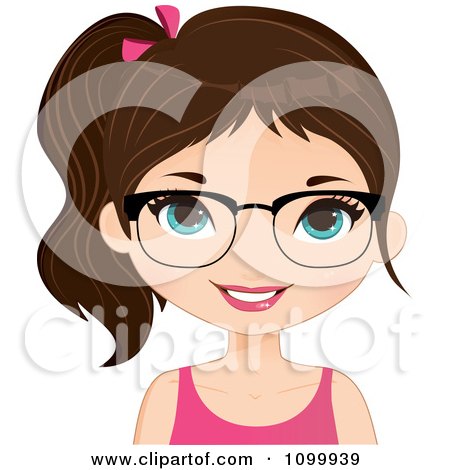 Clipart Happy Brunette Girl Wearing Glasses A Pink Tank Top And Her Hair In A Pony Tail - Royalty Free Vector Illustration by Melisende Vector