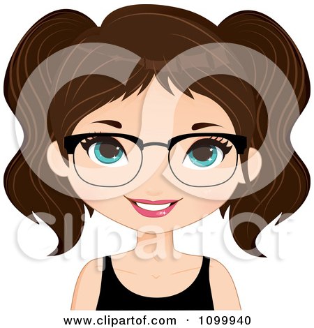 Clipart Happy Brunette Girl Wearing Glasses A Black Tank Top And Her Hair In Pig Tails - Royalty Free Vector Illustration by Melisende Vector