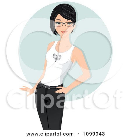 Clipart Black Haired Woman In Glasses A Heart Tank Top And Pants Over A Blue Circle - Royalty Free Vector Illustration by Melisende Vector