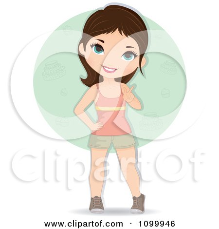 Clipart Happy Brunette Girl Wagging Her Finger Over A Green Circle - Royalty Free Vector Illustration by Melisende Vector