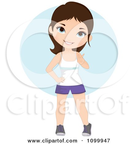 Clipart Happy Brunette Girl Wagging Her Finger Over A Blue Circle - Royalty Free Vector Illustration by Melisende Vector