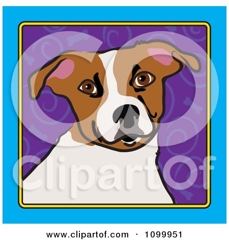 Clipart Folk Art Styled Jack Russell Terrier Dog Looking Out Through A Blue Frame With A Purple Spiral Background - Royalty Free Vector Illustration by Maria Bell