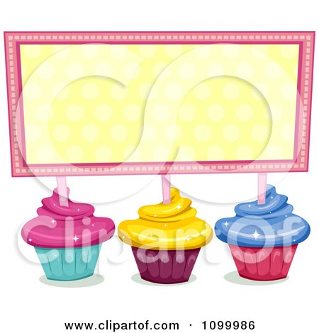 Clipart Cupcakes With Sparkly Pink Yellow And Blue Frosting Holding Up A Yellow And Pink Sign - Royalty Free Vector Illustration by BNP Design Studio