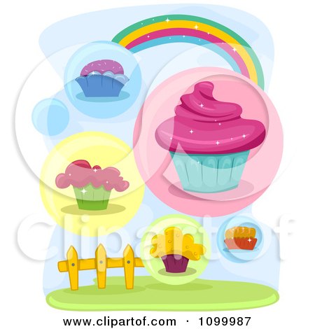 Clipart Rainbow With Cupcakes Over A Fence - Royalty Free Vector Illustration by BNP Design Studio