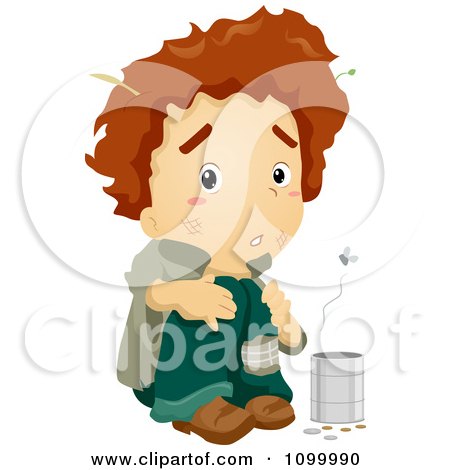 Clipart Smelly Homeless Beggar Boy With A Change Can And Flies - Royalty Free Vector Illustration by BNP Design Studio